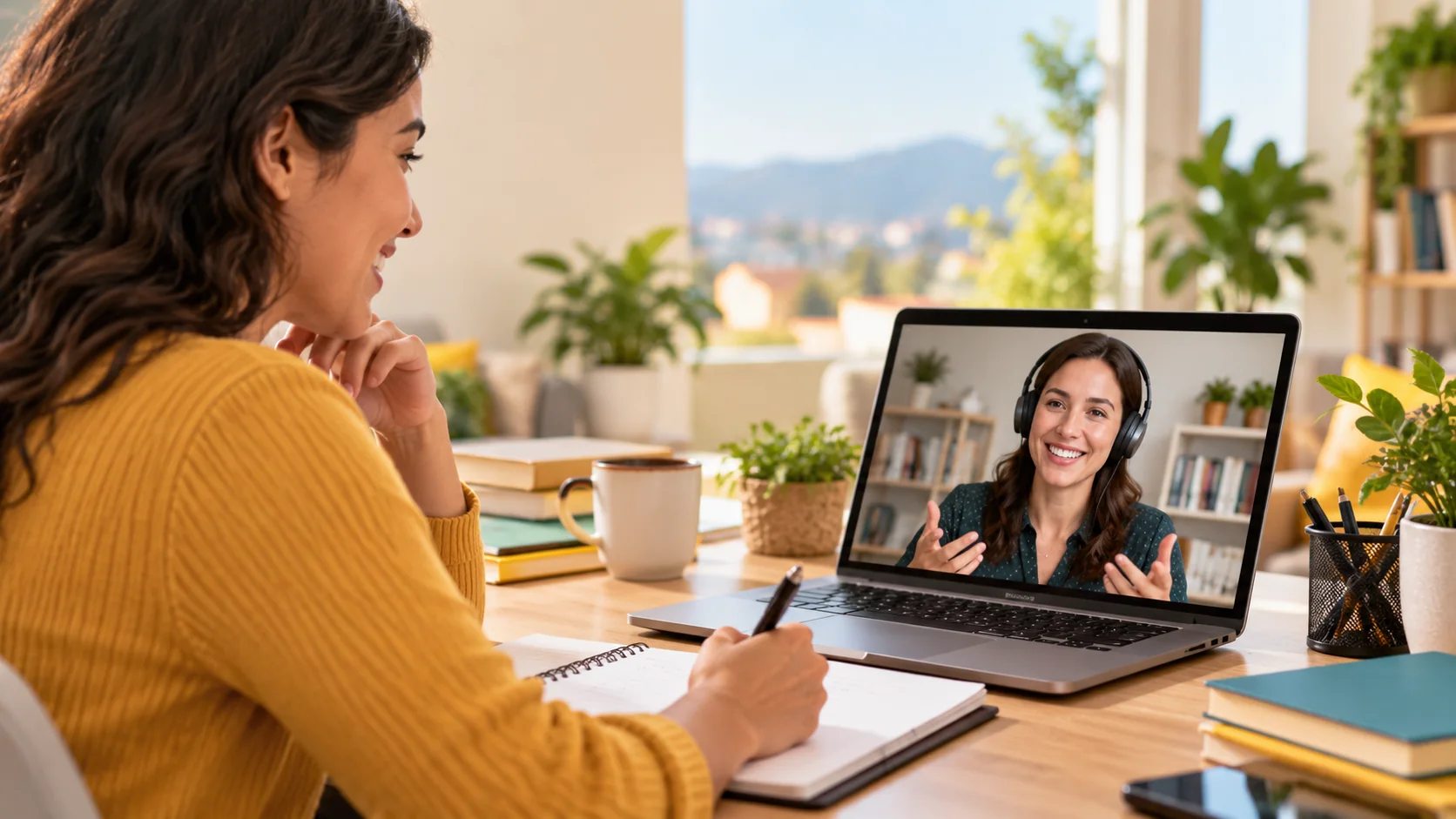 Student learning English with an online tutor
